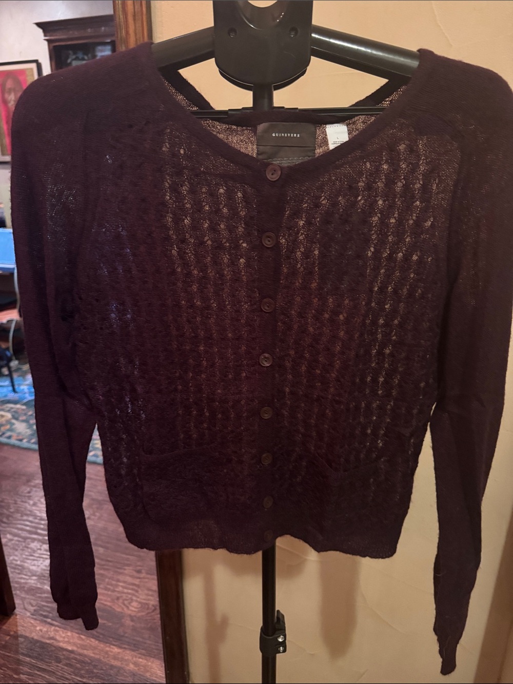 Open-Knit Button Front Cardigan in Plum